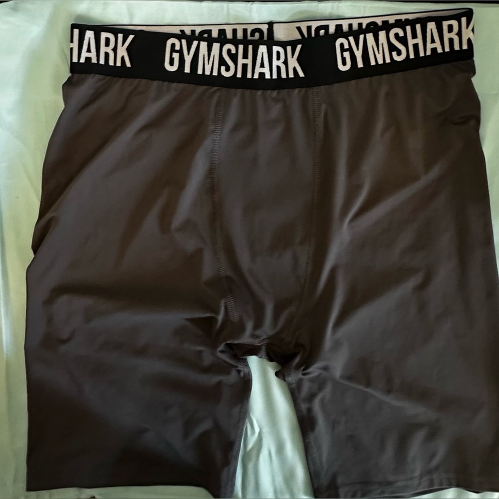 Gymshark Charcoal Gray Compression Shorts with Black & White Logo Waistband